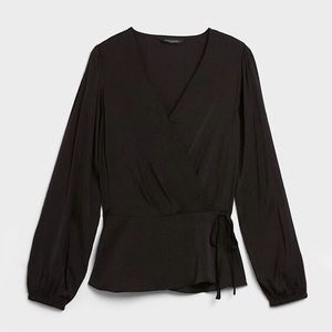 Banana Republic Black Satin Long Sleeve Wrap Front Top
